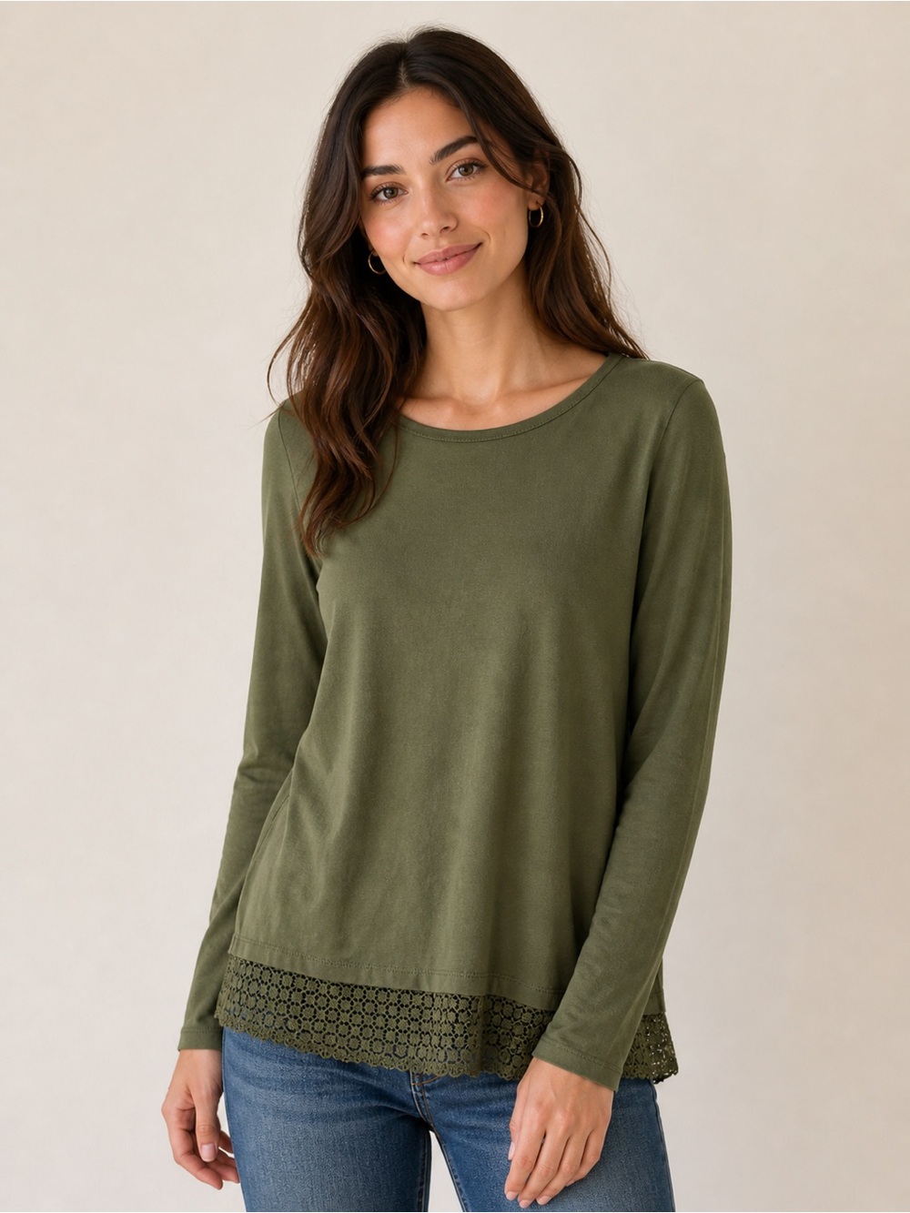 Olive Green Long Sleeve Top with Crochet Detail